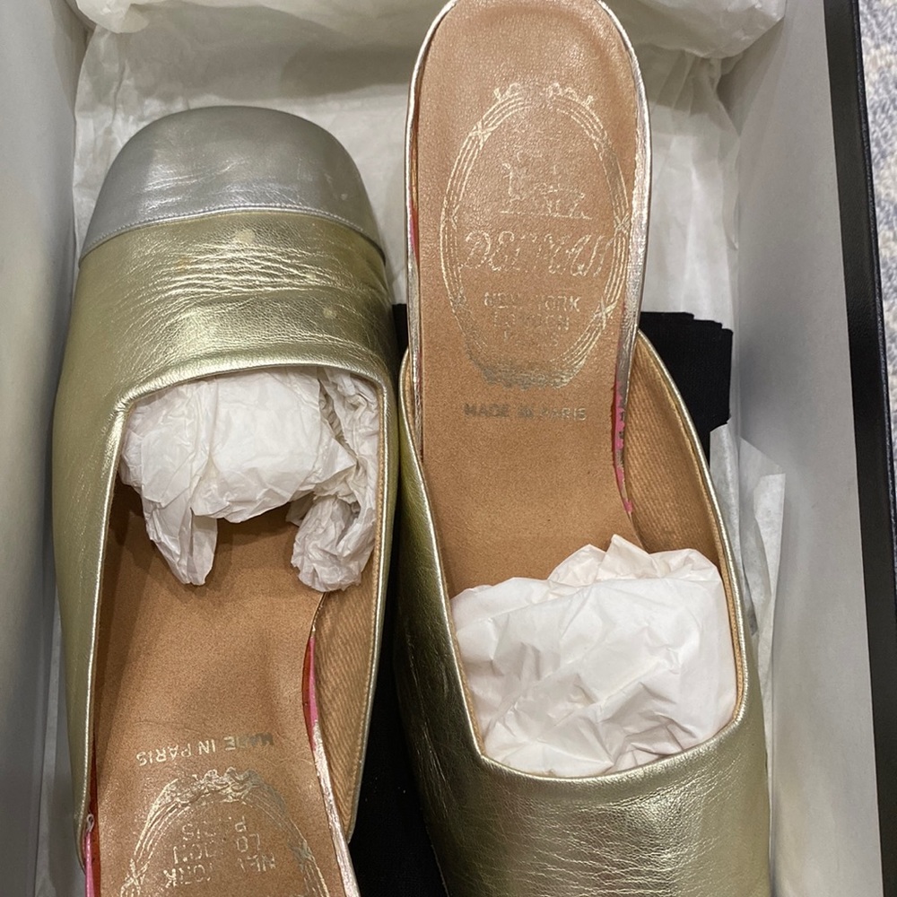 Vintage Delman gold and silver lame mules size six